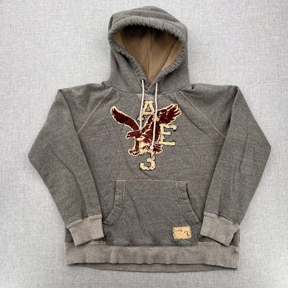 VTG Y2K American Eagle Sherpa Lined Hoodie Eagle Graphic Men Large Gray Distress